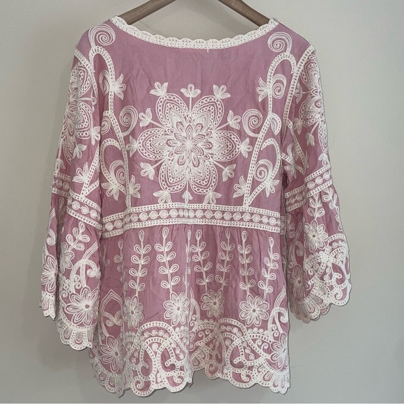 Kindred x Anthropologie Pink Floral Heavily Embroidered Bell Sleeve Top Sz Small - Picture 2 of 5